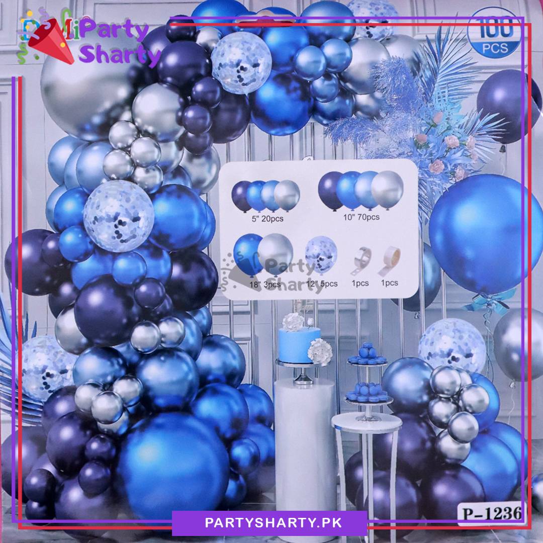 100pcs Navy Blue, Metallic Blue & Silver Balloons Garland Arch Kit For Party Event Decoration
