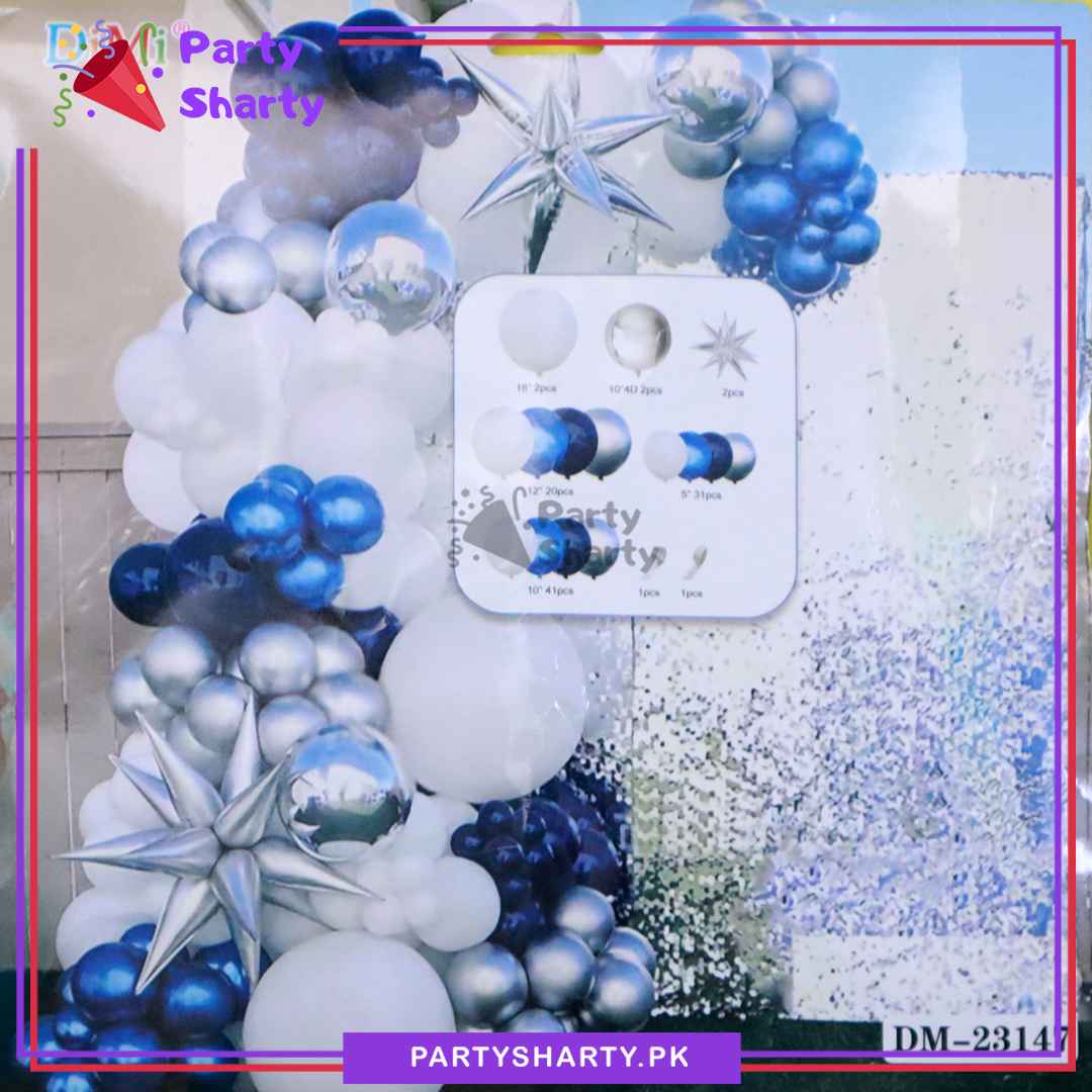 100pcs Navy Blue, White, Metallic Blue & Silver Balloons Garland Arch Kit For Party Event Decoration