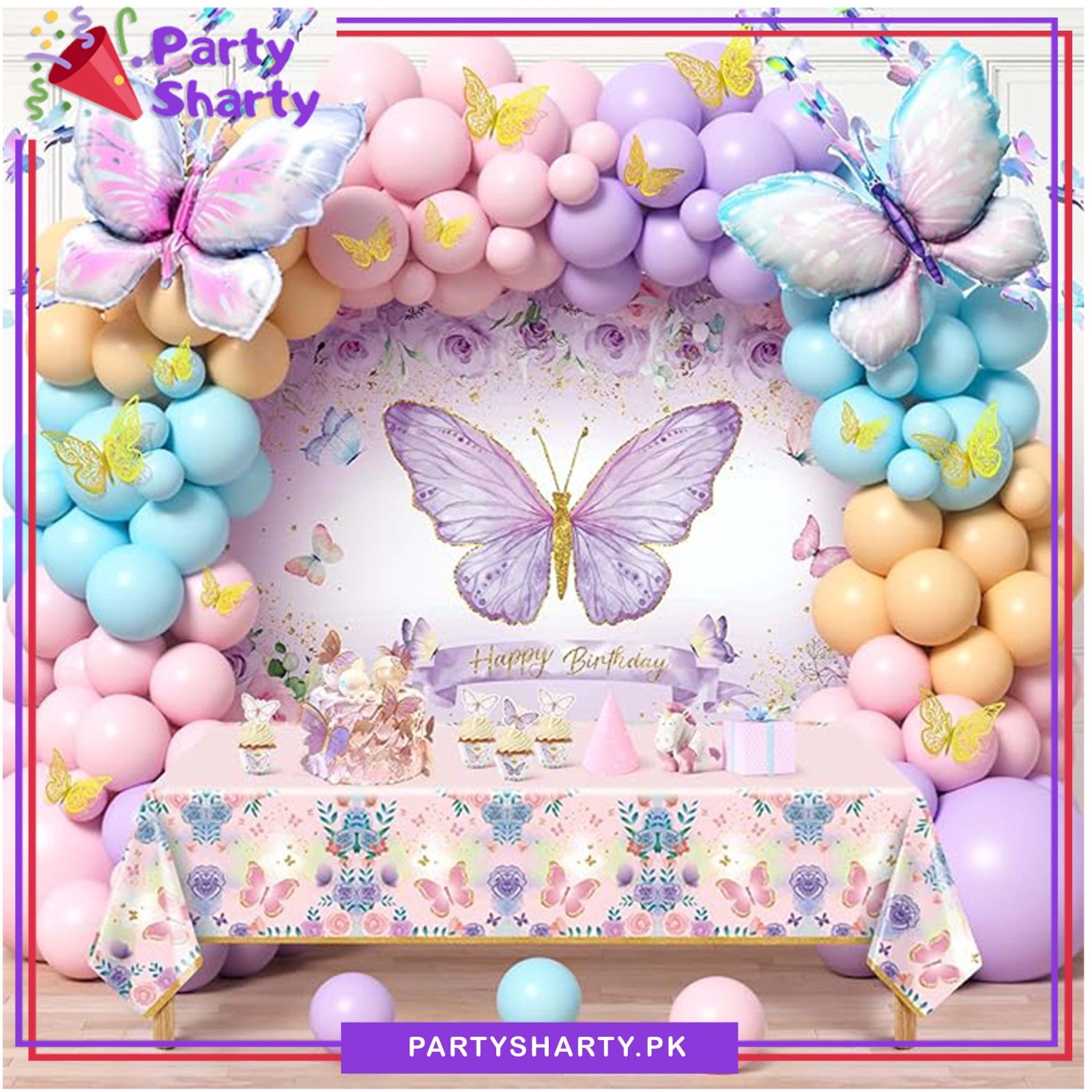 100pcs Pastel Multi Butterfly Theme Balloon Garland For Birthday Decoration and Party Celebrations