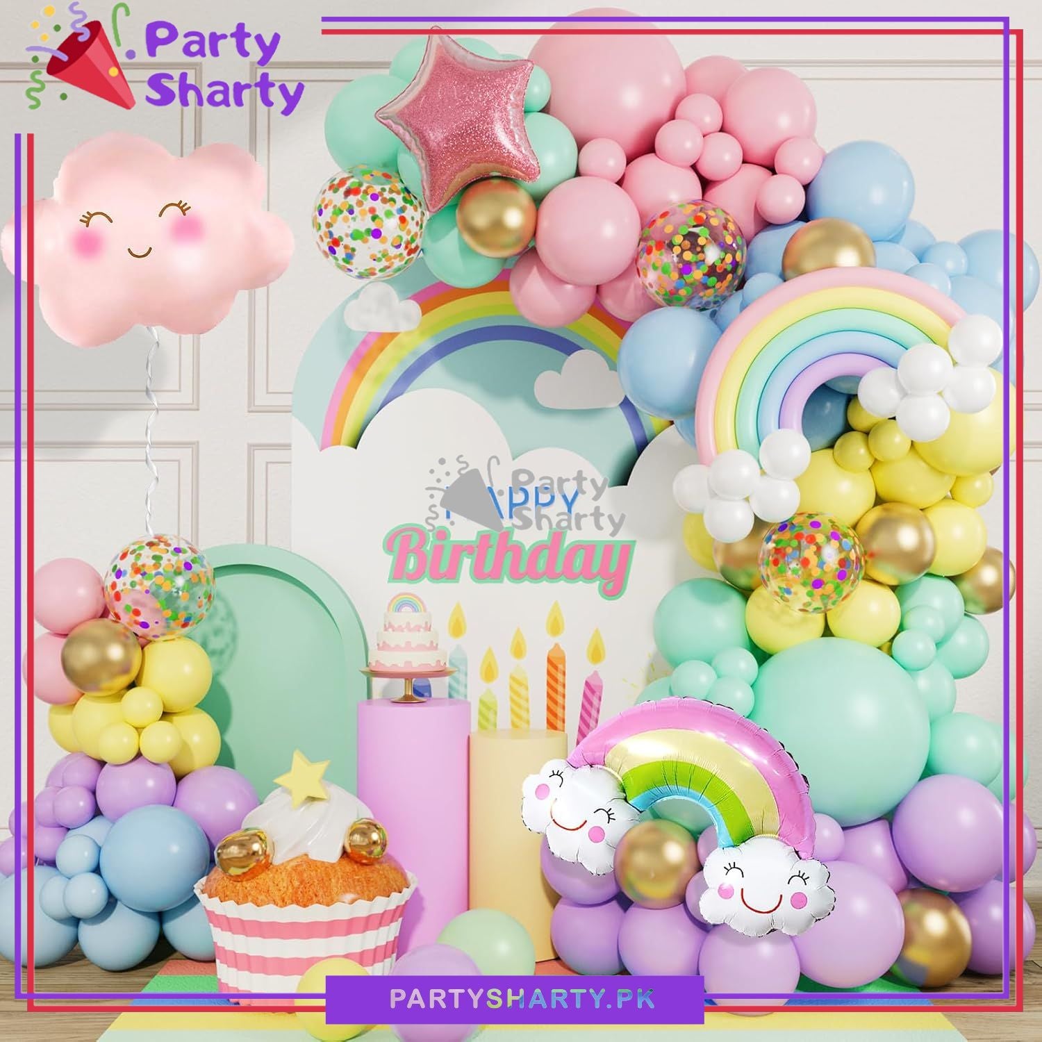100pcs Pastel Multi Color Cloud Rainbow & Smiley Cloud Balloons Garland Theme Set For Rainbow Themed Party Decoration & Celebration
