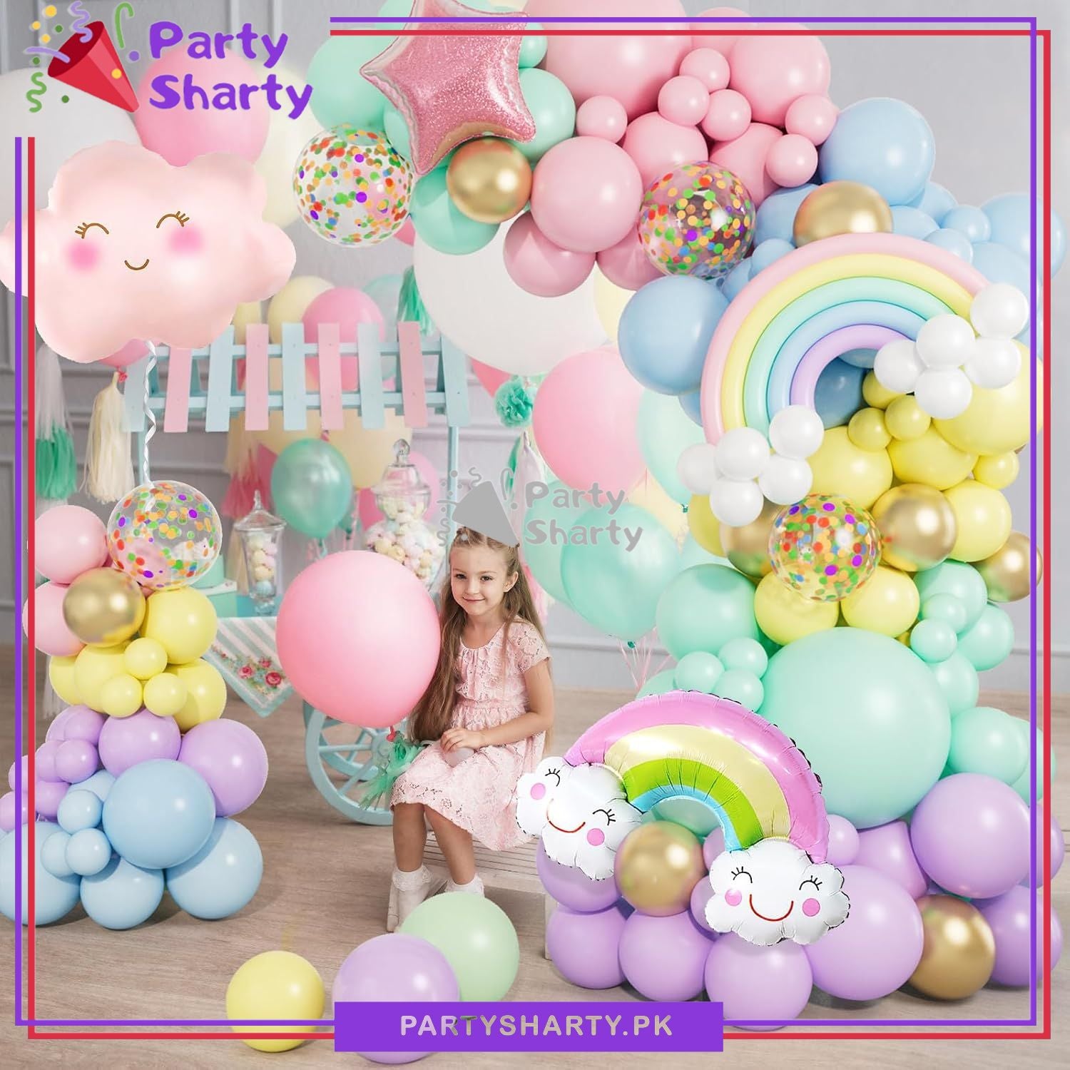 100pcs Pastel Multi Color Cloud Rainbow & Smiley Cloud Balloons Garland Theme Set For Rainbow Themed Party Decoration & Celebration