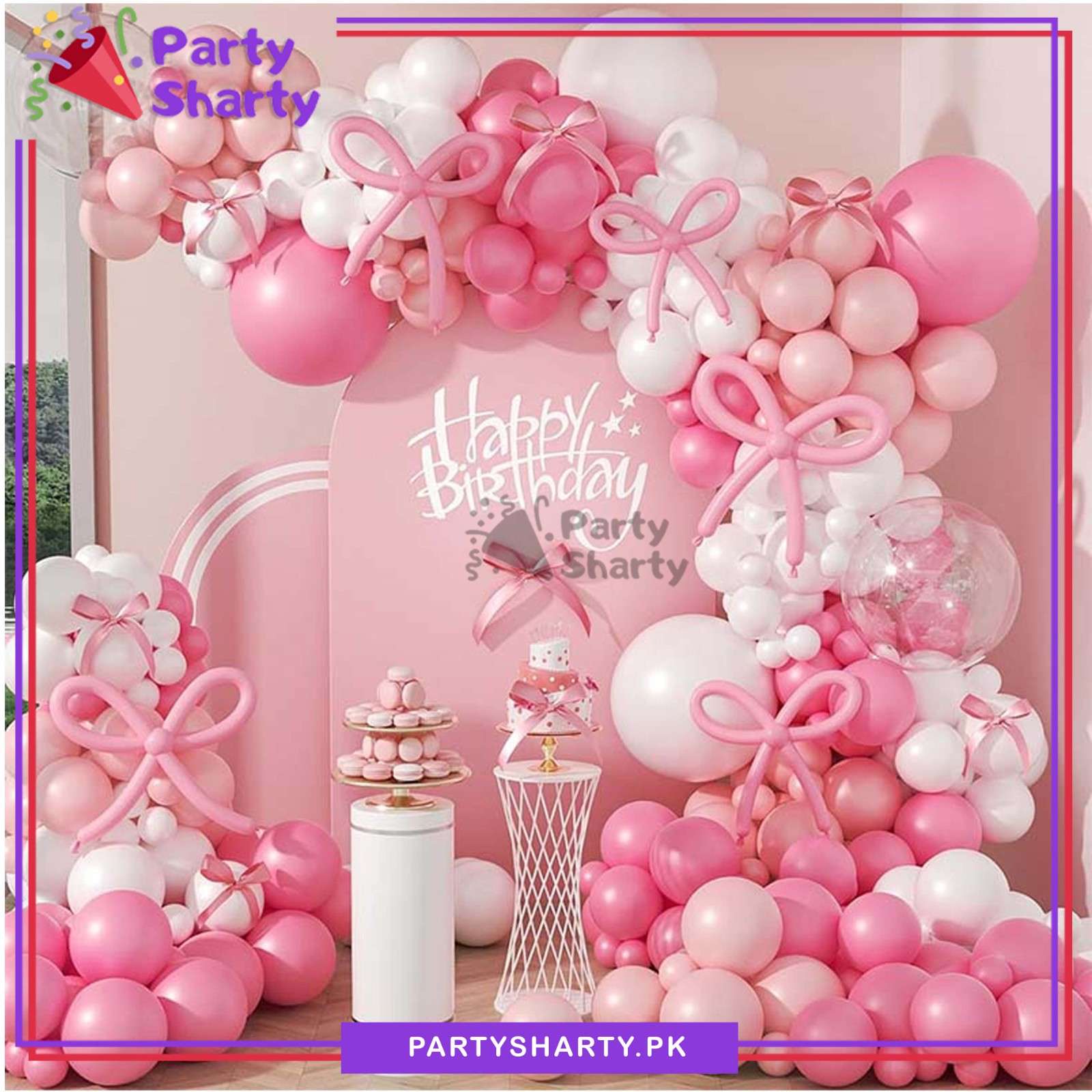 100pcs Pink Bow Long Balloons with Pink & White Balloons Garland Theme Set For Bow Themed Party Decoration & Celebration