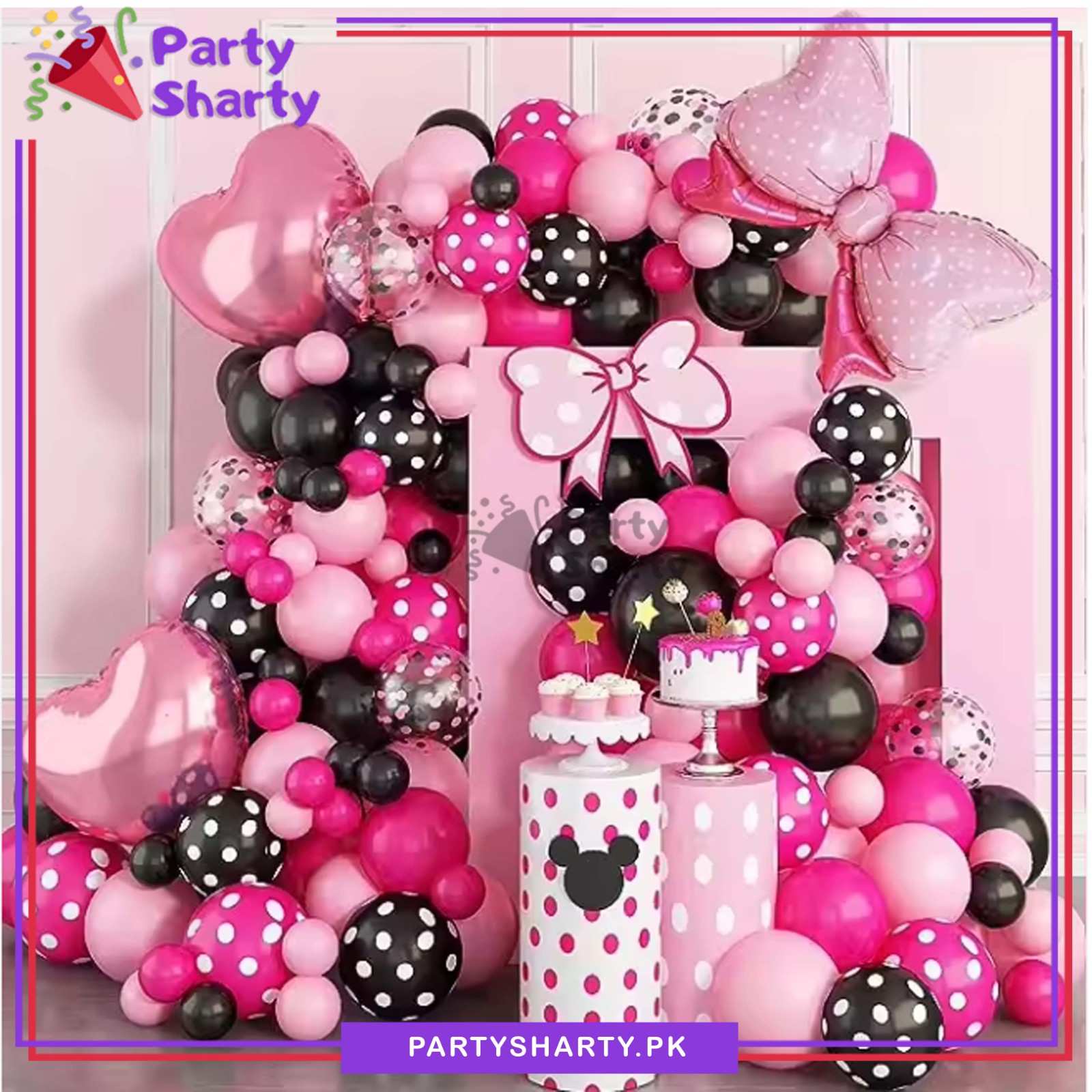 100pcs Baby Pink, Dark Pink & Black Color Minnie Mouse Theme Balloon Garland For Party Celebrations