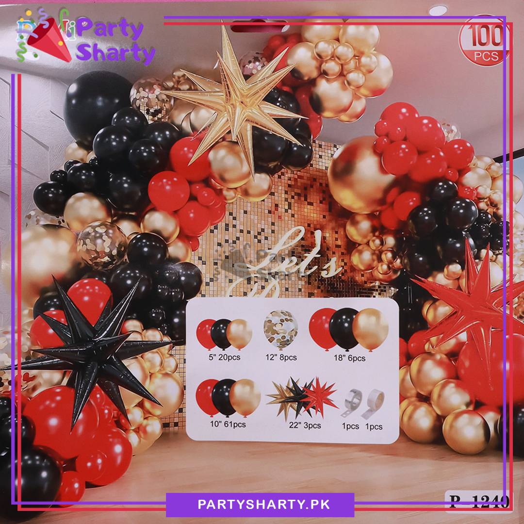 100pcs Red, Black & Metallic Golden Balloon Garland Arch Kit For Party Event Decoration