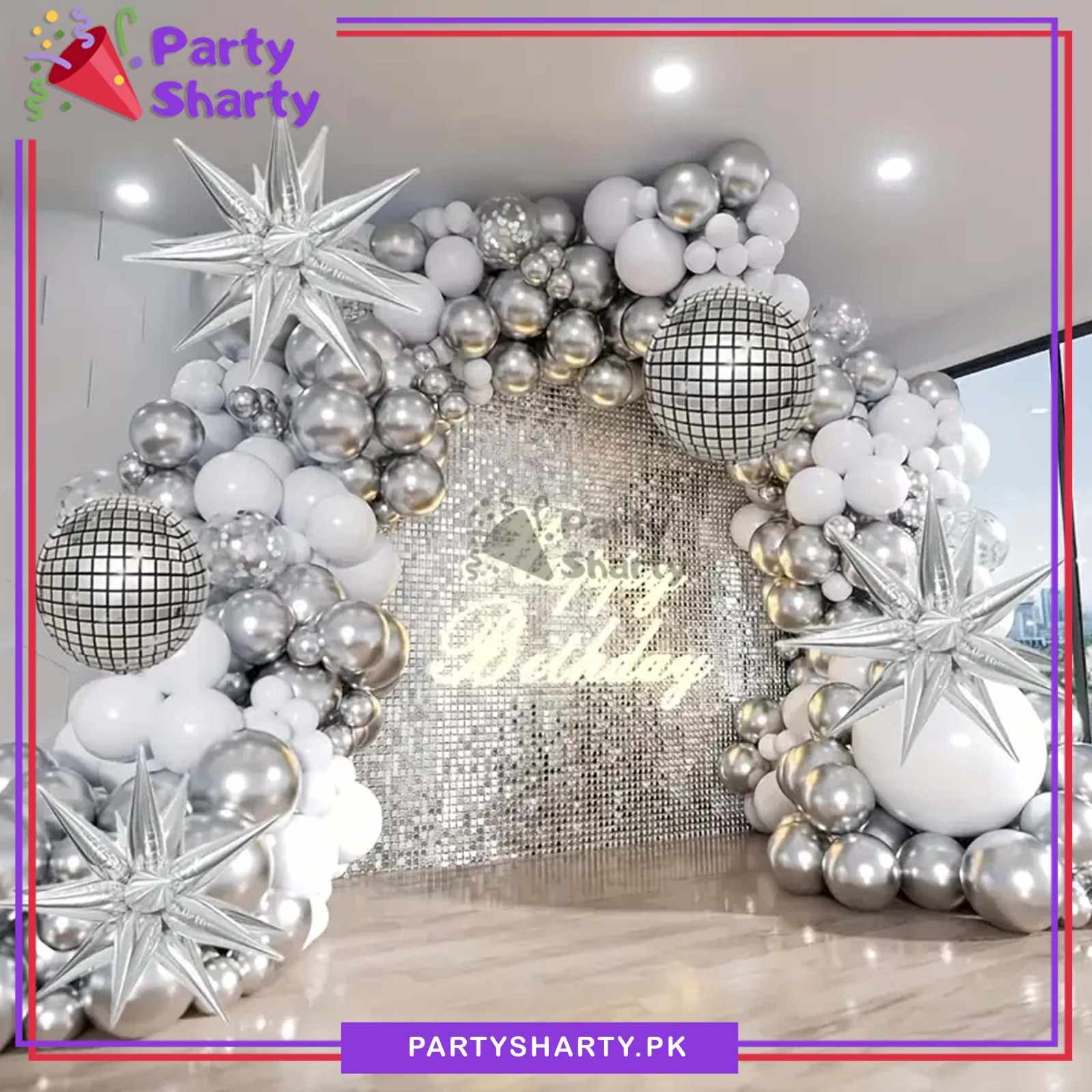 100pcs White & Silver Metallic with Disco Orbz Foil Balloons Garland Theme Set For Party Decoration & Celebration