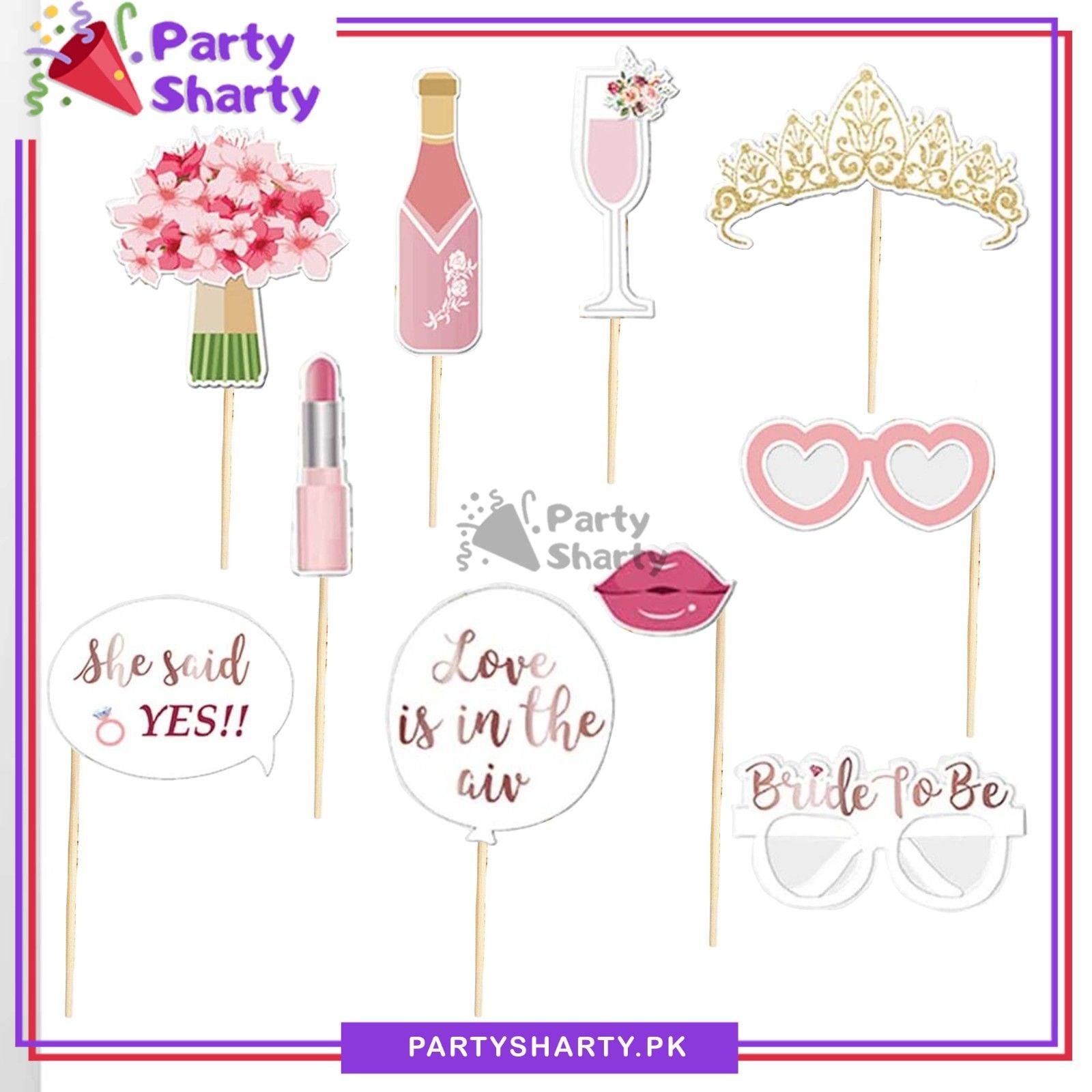 10pcs Bridal Shower Theme Photo Booth Props For Bride to be / Wedding Party Celebration and Decoration