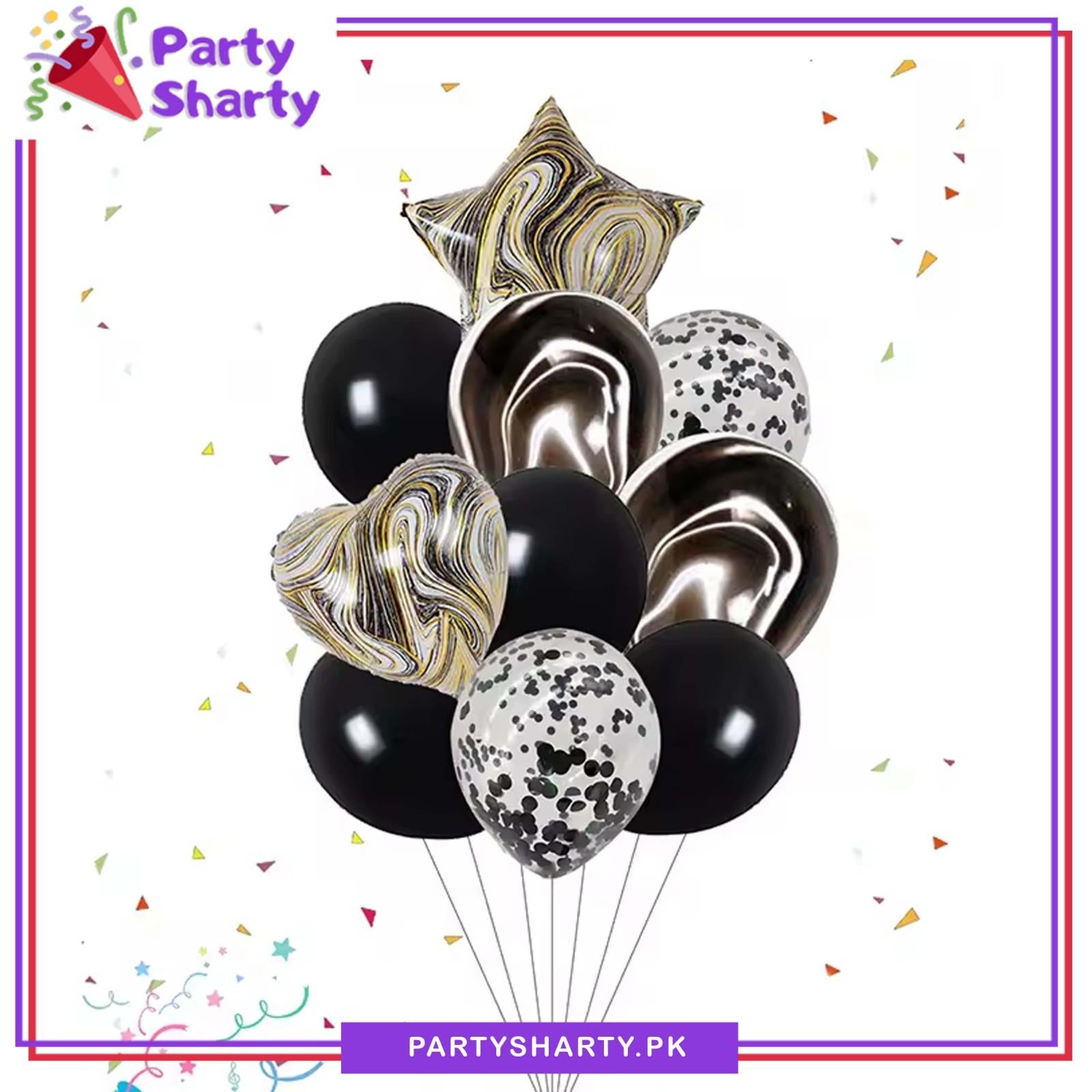 10pcs/set Black Marble Print Star & Heart Foil with Latex Balloons For Birthday Party Decoration