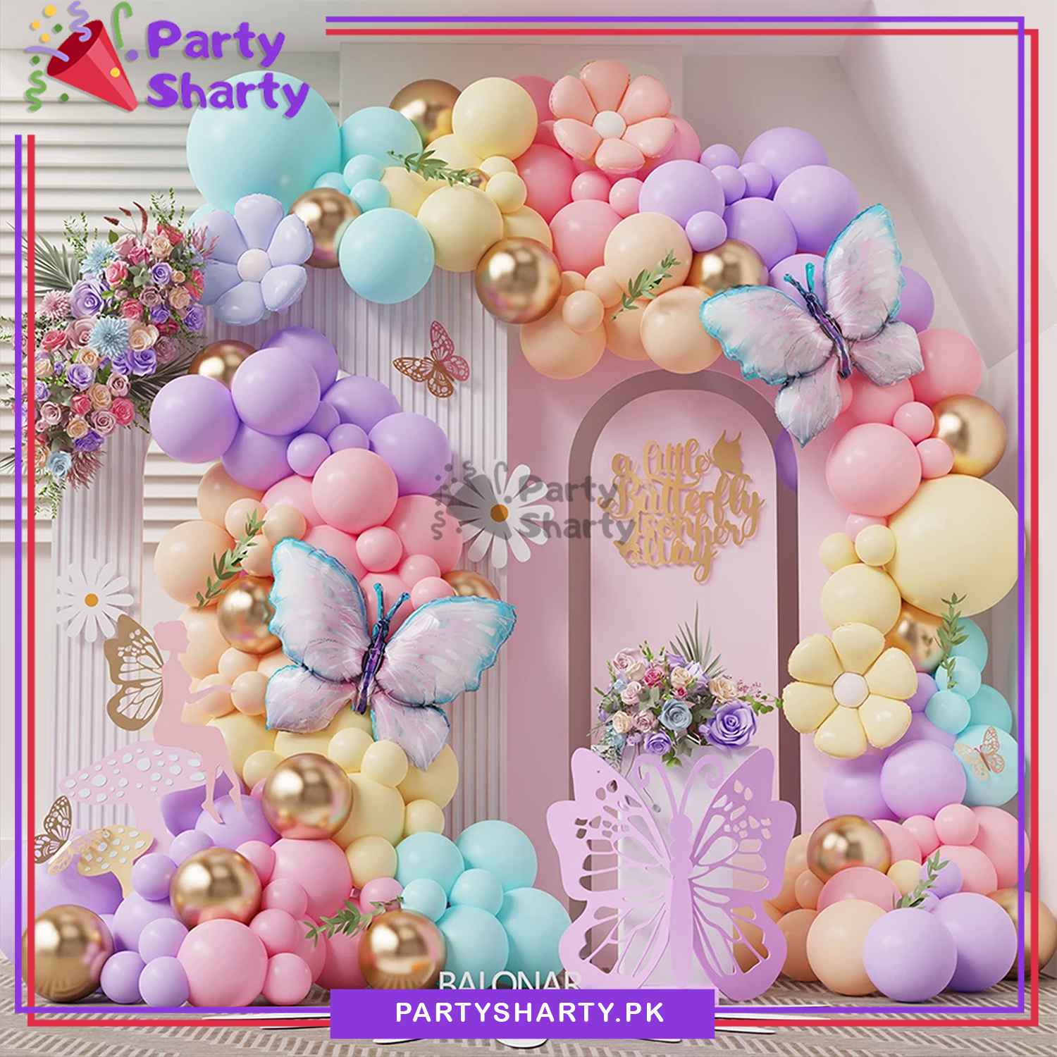 111pcs Pastel Multi Butterfly Theme Balloon Garland For Birthday Decoration and Party Celebrations