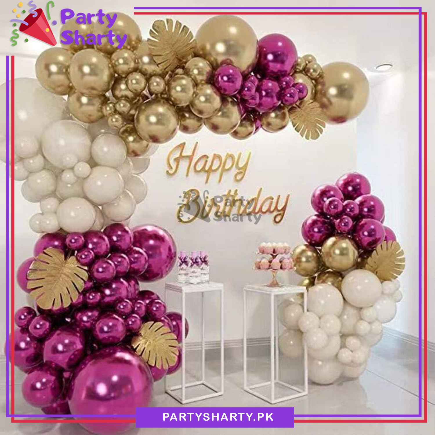 DIMI 100pcs Dark Pink, Metallic Golden & Sand White Balloon Garland Arch Kit For Party Event Decoration