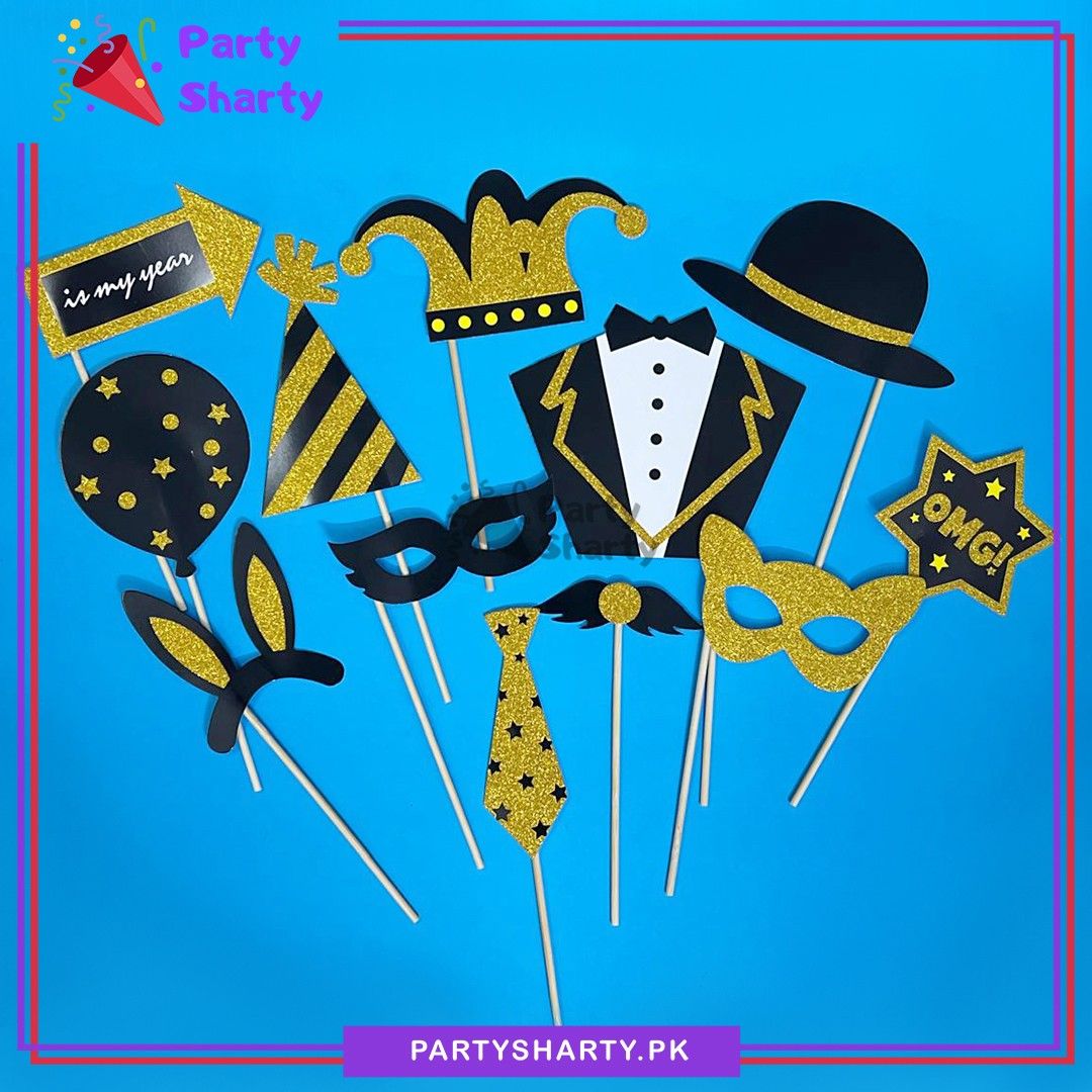 12pcs Golden Glitter Black & Golden Theme Party Photo Props For Birthday Theme Party Celebration