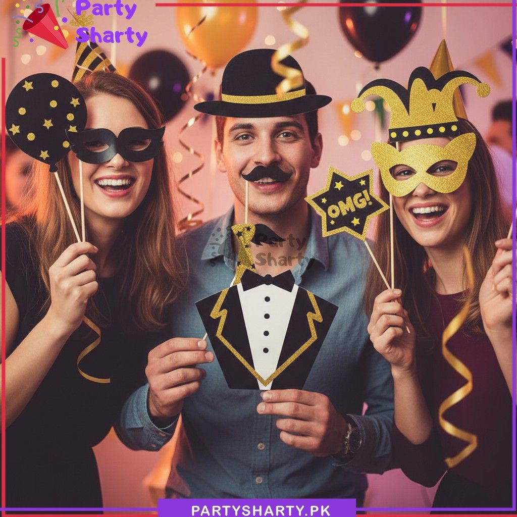 12pcs Golden Glitter Black & Golden Theme Party Photo Props For Birthday Theme Party Celebration