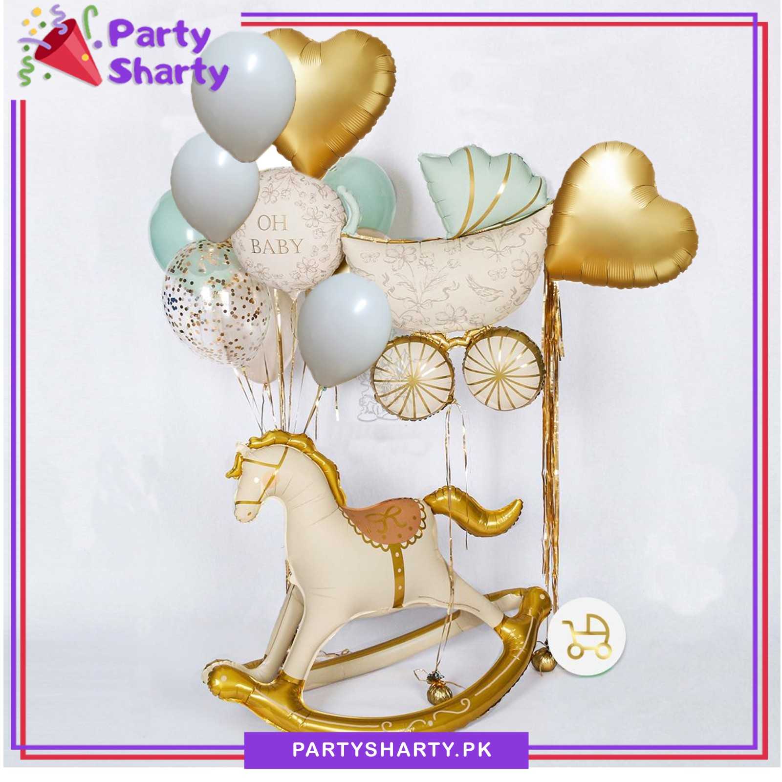 12pcs/Set OH BABY Rocking Horse with Vintage Baby Cart Foil Balloons Set For Welcome Baby Decoration