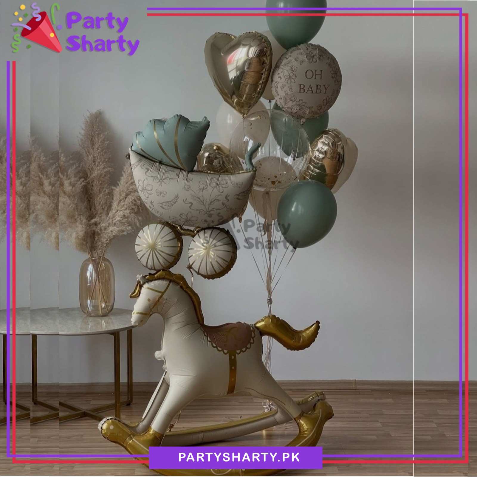 12pcs/Set OH BABY Rocking Horse with Vintage Baby Cart Foil Balloons Set For Welcome Baby Decoration