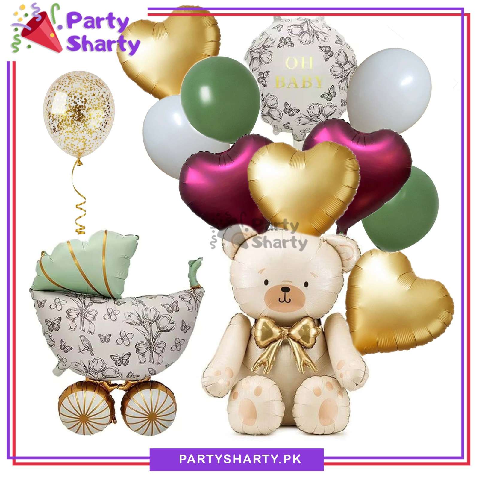 13pcs/Set OH BABY Sitting Teddy Bear with Vintage Baby Cart Foil Balloon Set For Welcome Baby Decoration