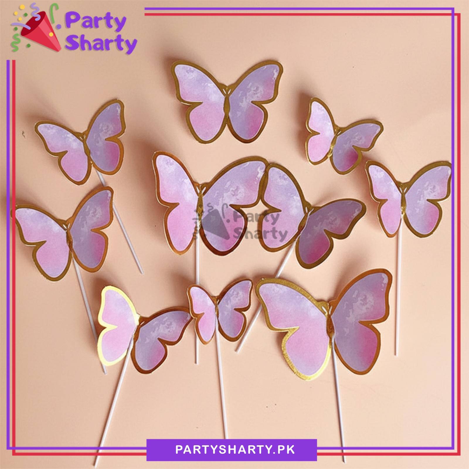 12pcs/set Golden Foil Print Butterflies Cake Topper For Butterfly Theme Cake Decoration