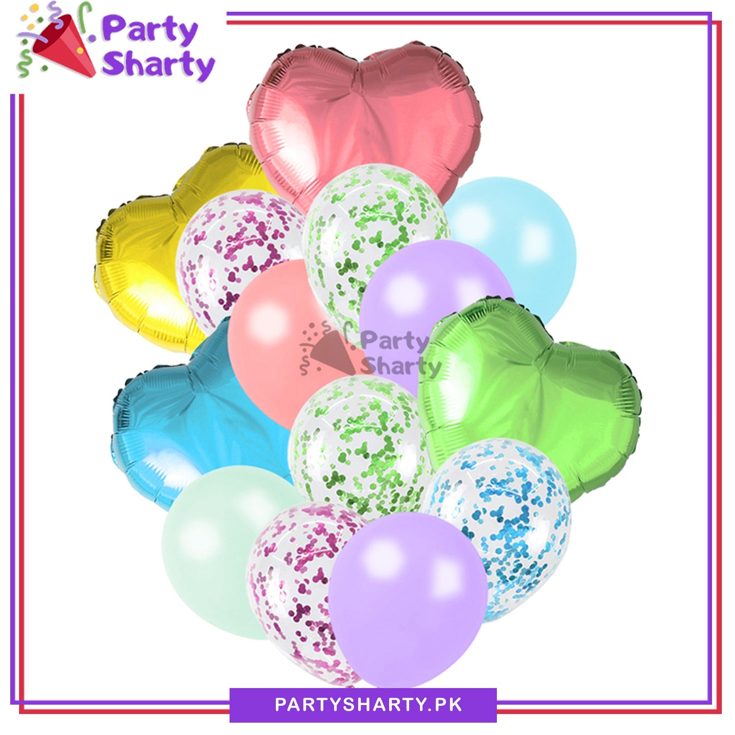 14 Pcs Pastel Color Confetti Decorative Party Balloons Set (Heart Shaped & Confetti Filled Latex Party Balloons Set) For Birthday and Event
