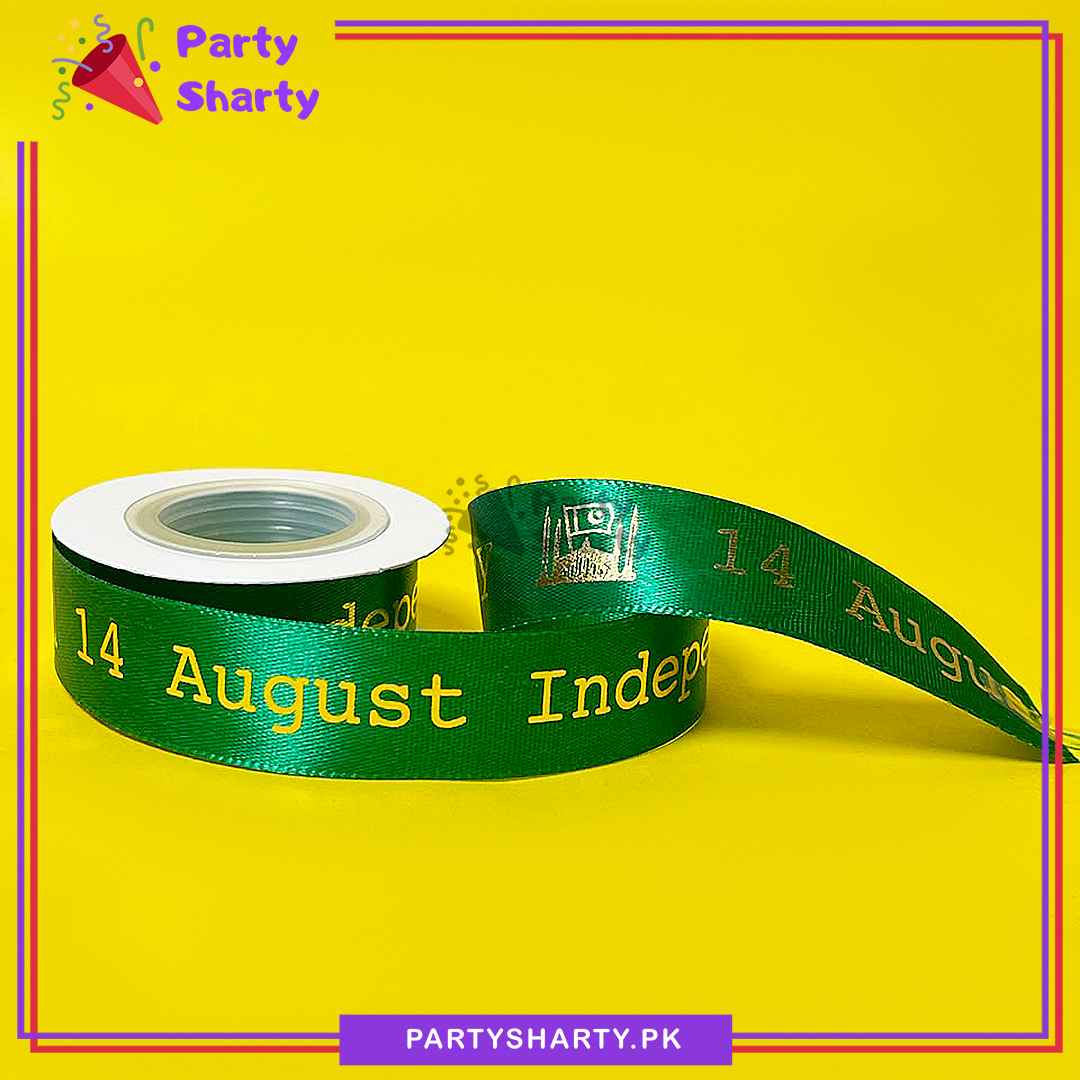 14th August Independence Day Golden Foil Printed Green Ribbon For Independence Day Celebration & Decoration
