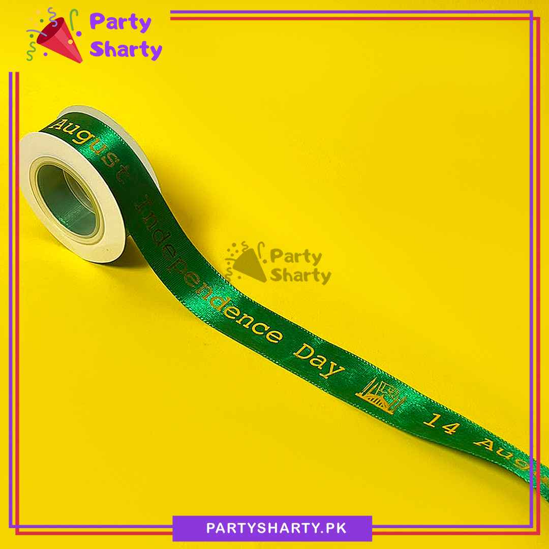 14th August Independence Day Golden Foil Printed Green Ribbon For Independence Day Celebration & Decoration