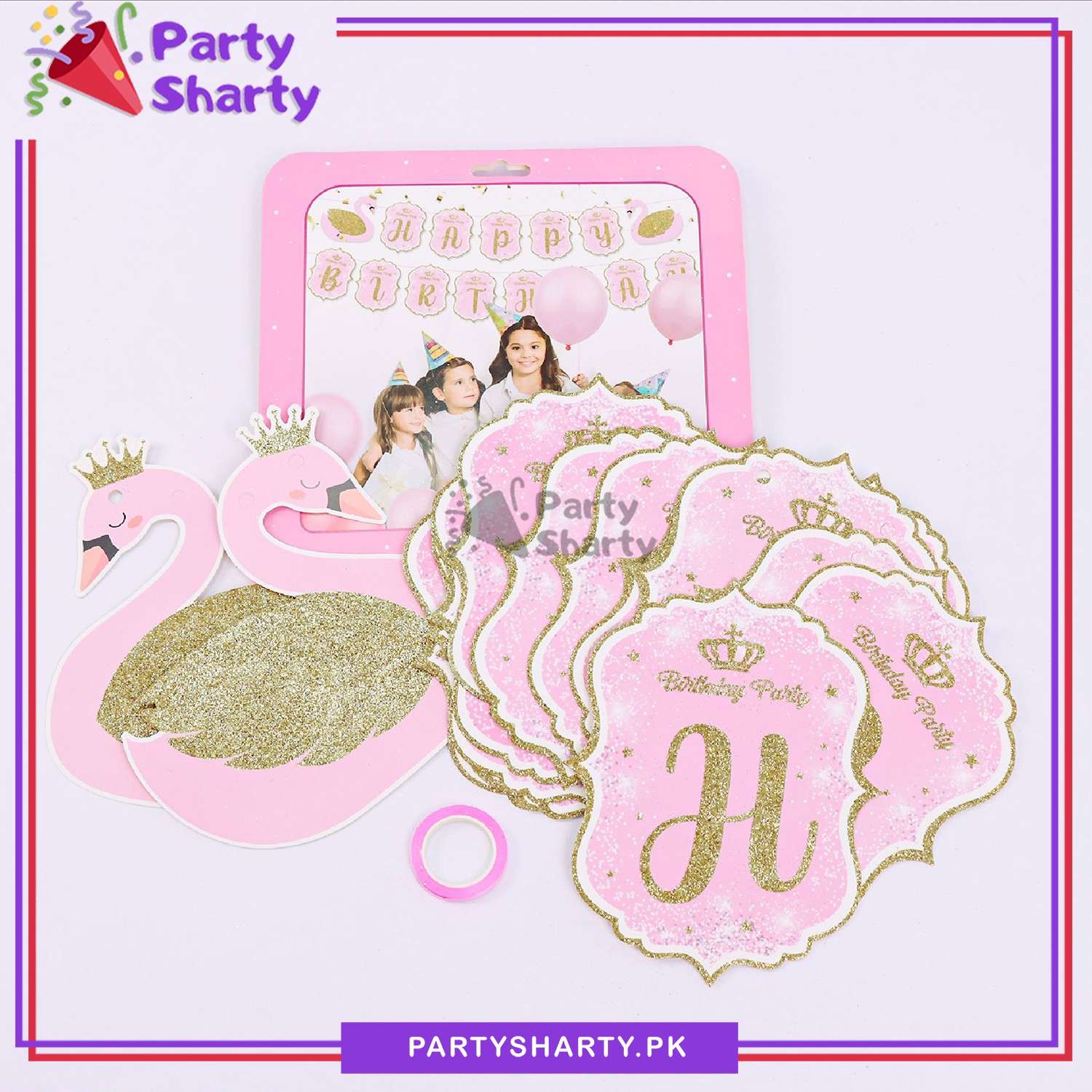 15pcs Pink Swan Theme Happy Birthday Glitter Card banner For Birthday Decoration and Celebration