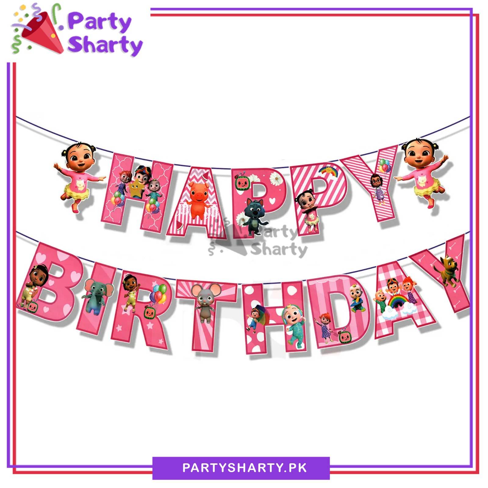 15pcs Pink Cocomelon Happy Birthday Card Banner For Theme Decoration & Celebration