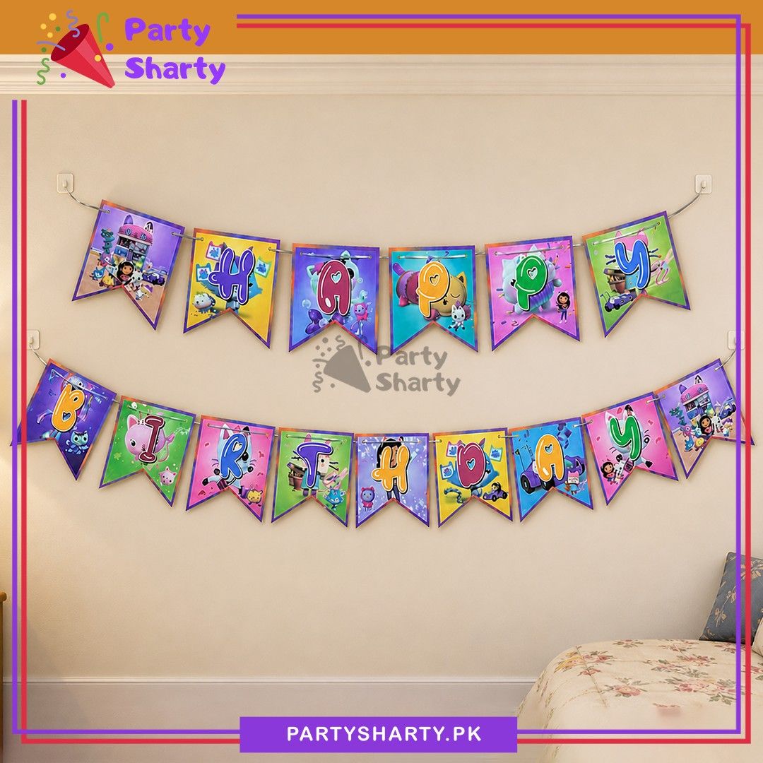 15pcs Gabbys Doll House Happy Birthday Card Banner For Theme Decoration & Celebration