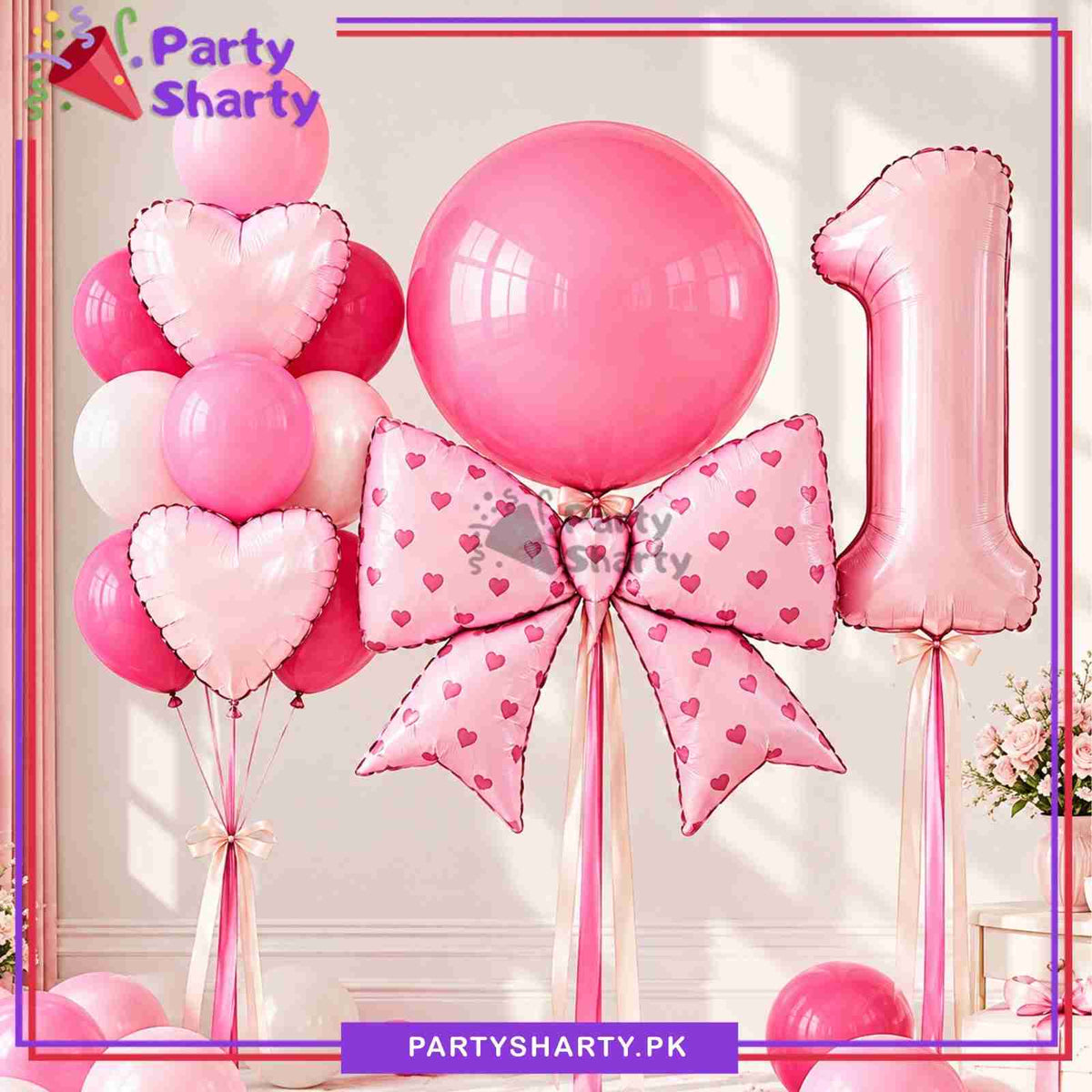 16pcs Pink Bow With Mini White Hearts Printed with Number 1 Foil Balloons Set For First Birthday Celebration