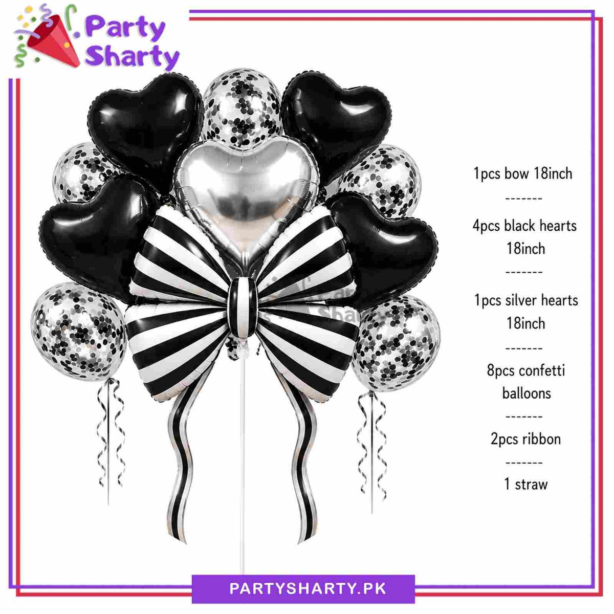 17pcs Black & White Stripes Bow With Hearts Foil Balloons Set For Party Decoration