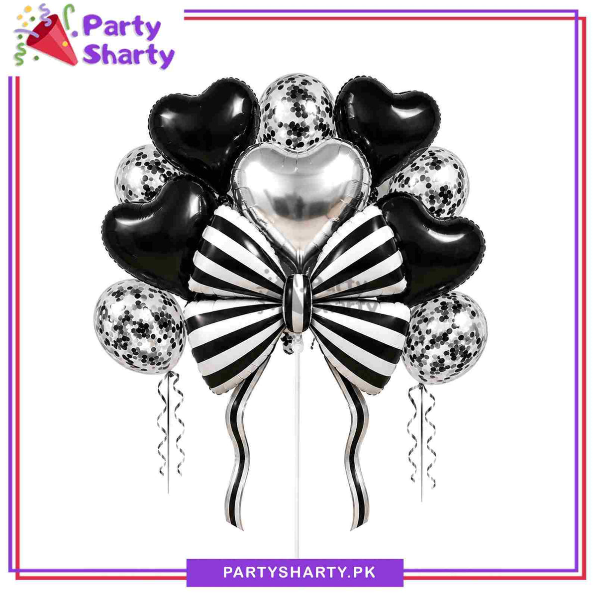 17pcs Black & White Stripes Bow With Hearts Foil Balloons Set For Party Decoration