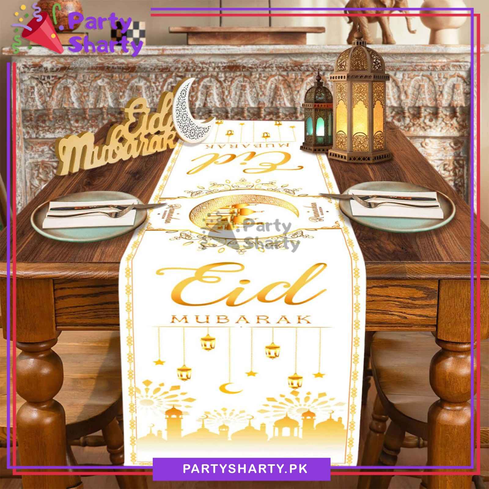 180x35cms Golden & White Eid Mubarak Table Runner For Eid Decoration & Celebration