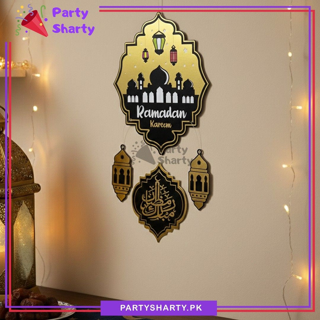 18inches Golden & Black Ramadan Kareem with Lantern Cutout Cardboard Hanging For Ramadan Decoration