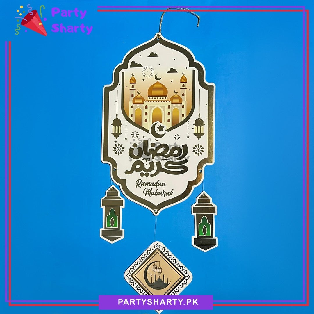 18inches White & Gold Ramadan Kareem with Lantern & Mosque Design Hanging For Ramadan Decoration