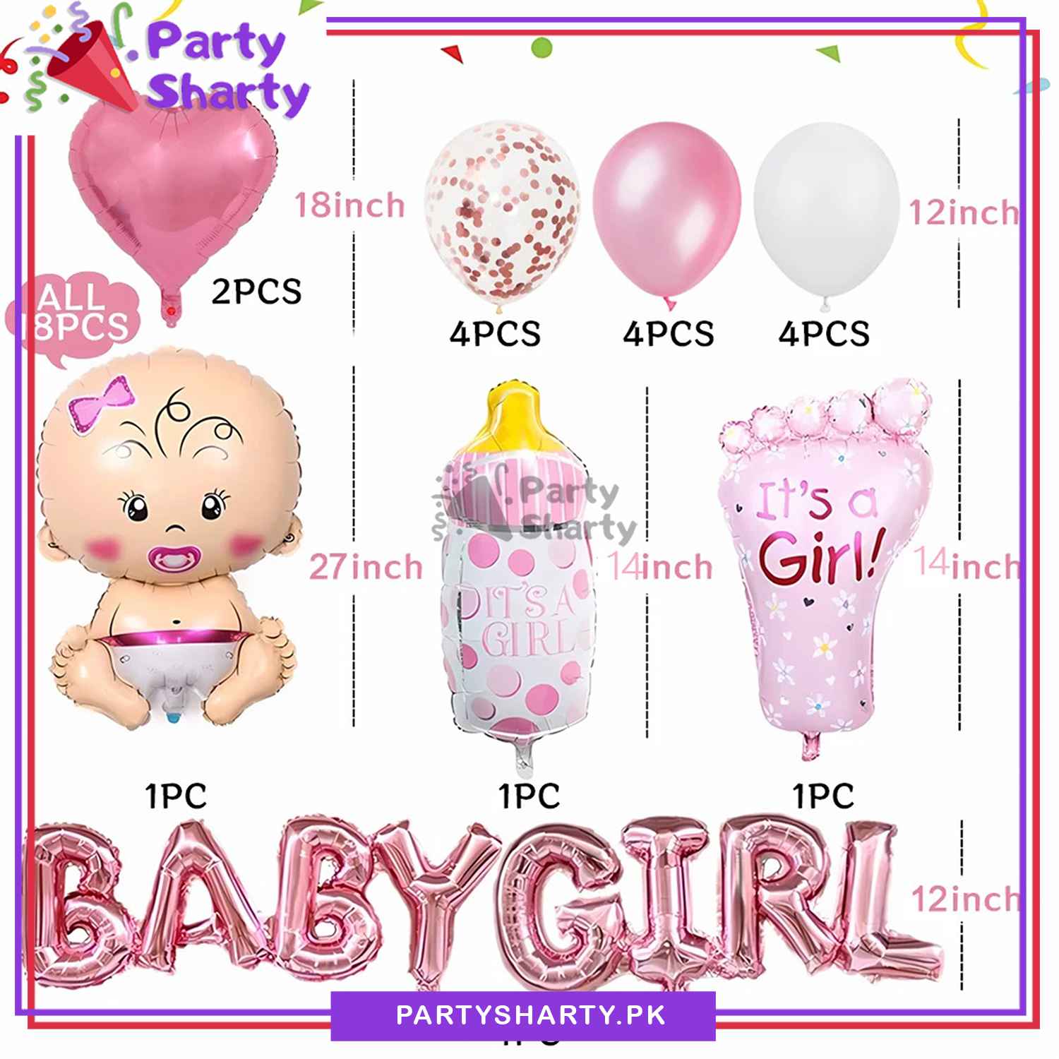 18pcs Baby Girl Theme Set for Welcome Baby / Baby Shower Event Decoration and Celebration