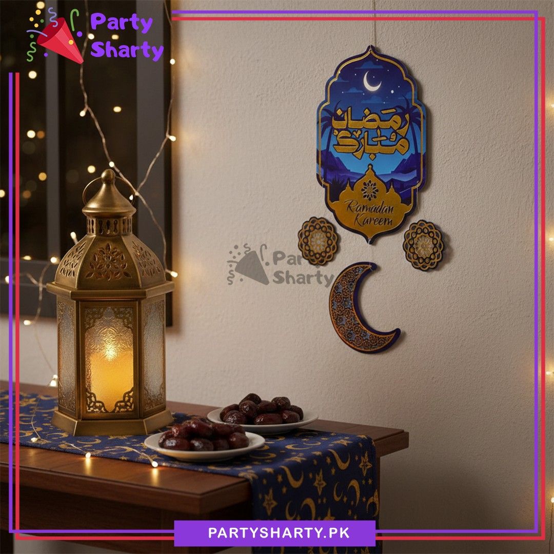 18inches Blue Ramadan Mubarak / Kareem with Crescent Design Cardboard Cutout Hanging For Ramadan Decoration