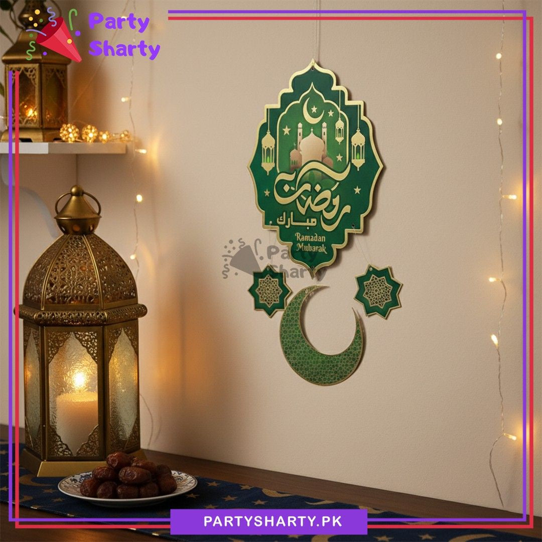 18inches Green & Golden Ramadan Mubarak with Moon & Stars Cutout Cardboard Hanging For Ramadan Decoration