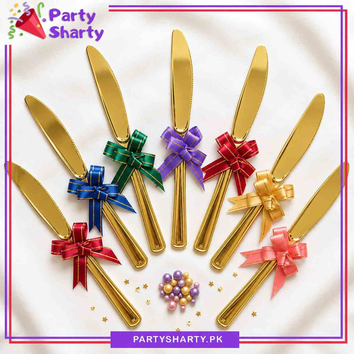 1pc Golden and Silver Glossy Plastic Knife With Mini Bow For Cake Cutting Celebration