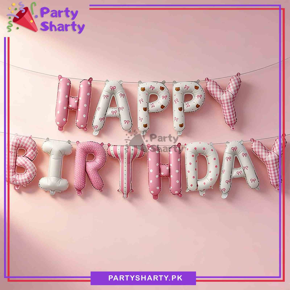 13pcs Pink & White Bow and Polka Dots Printed Happy Birthday Foil Banner for Theme Party Decoration