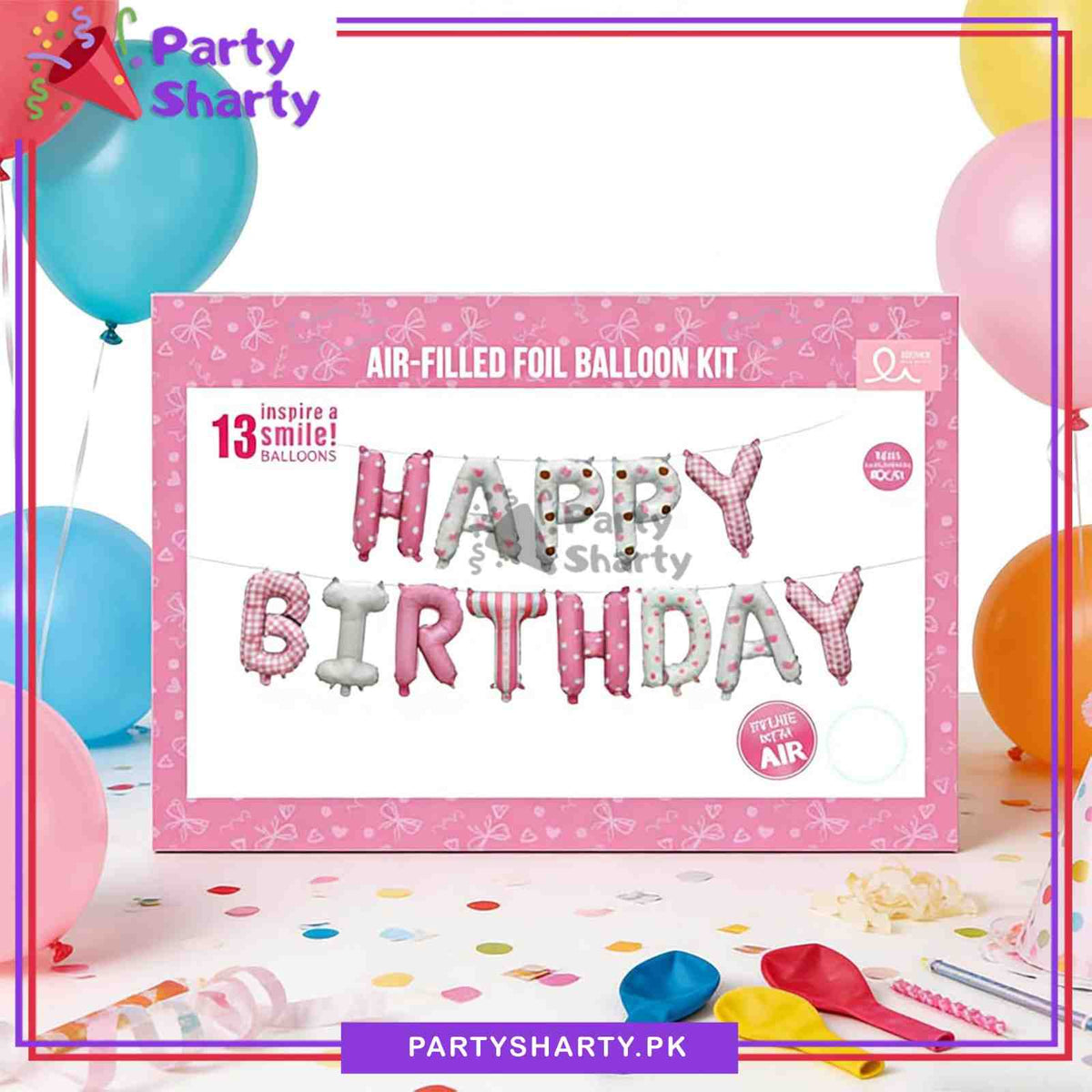13pcs Pink & White Bow and Polka Dots Printed Happy Birthday Foil Banner for Theme Party Decoration