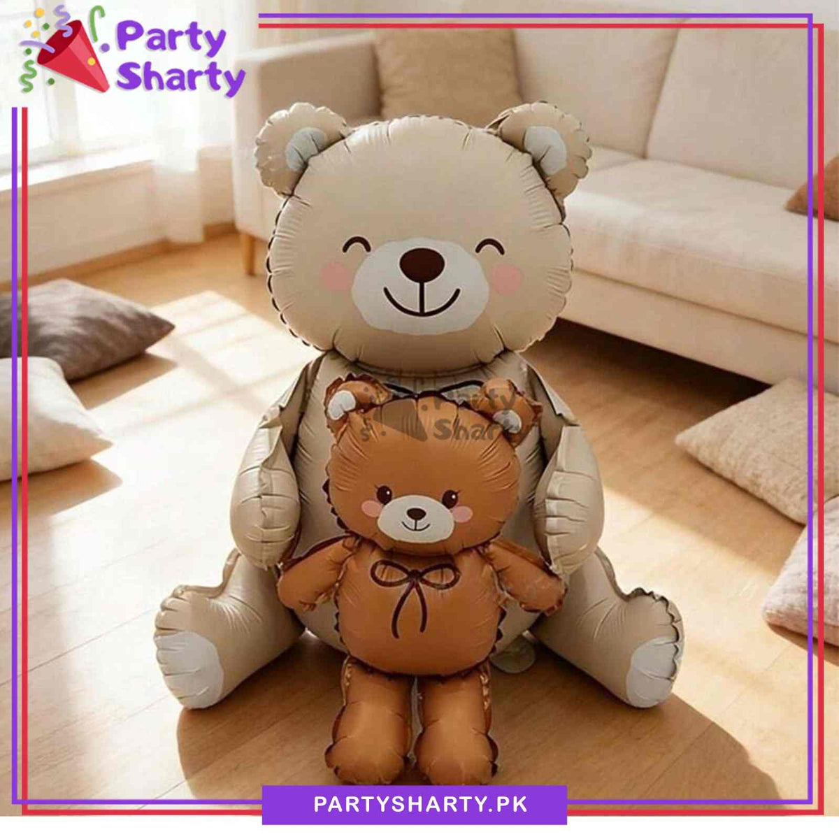 1pc Matte Sitting Teddy Bear With Holding Mini Bear Foil Balloon For Theme Party Decoration
