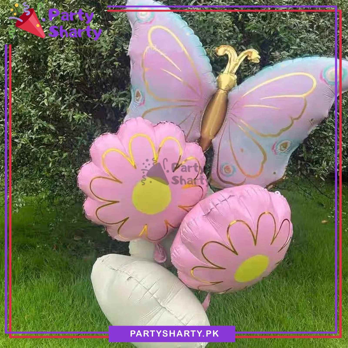 5pcs Pink Butterfly With Flowers & Clouds Foil Balloons Set For Theme Decoration