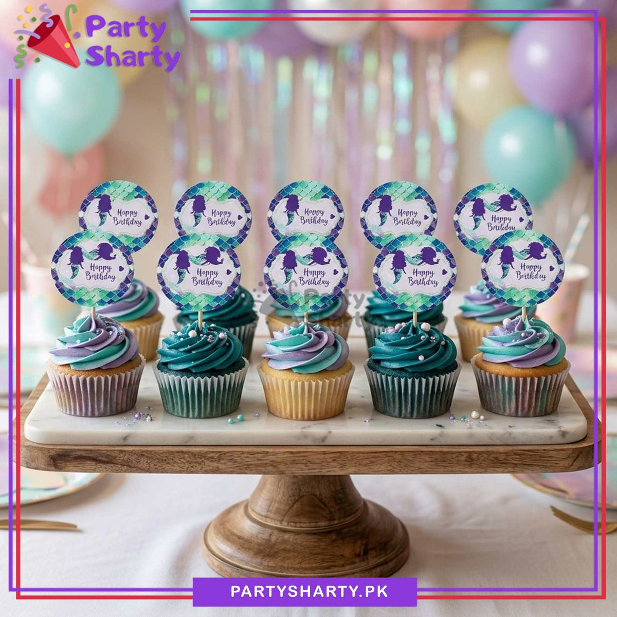 Mermaid Happy Birthday Round Cup Cake Topper For Theme Decoration & Celebration