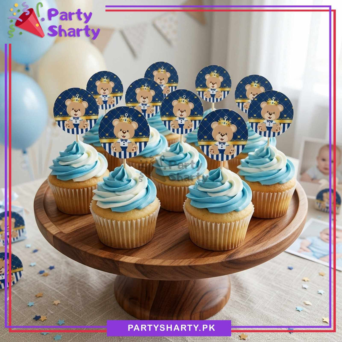 Royal Blue Teddy Bear Cup Cake Topper For Theme Party Decoration & Celebration