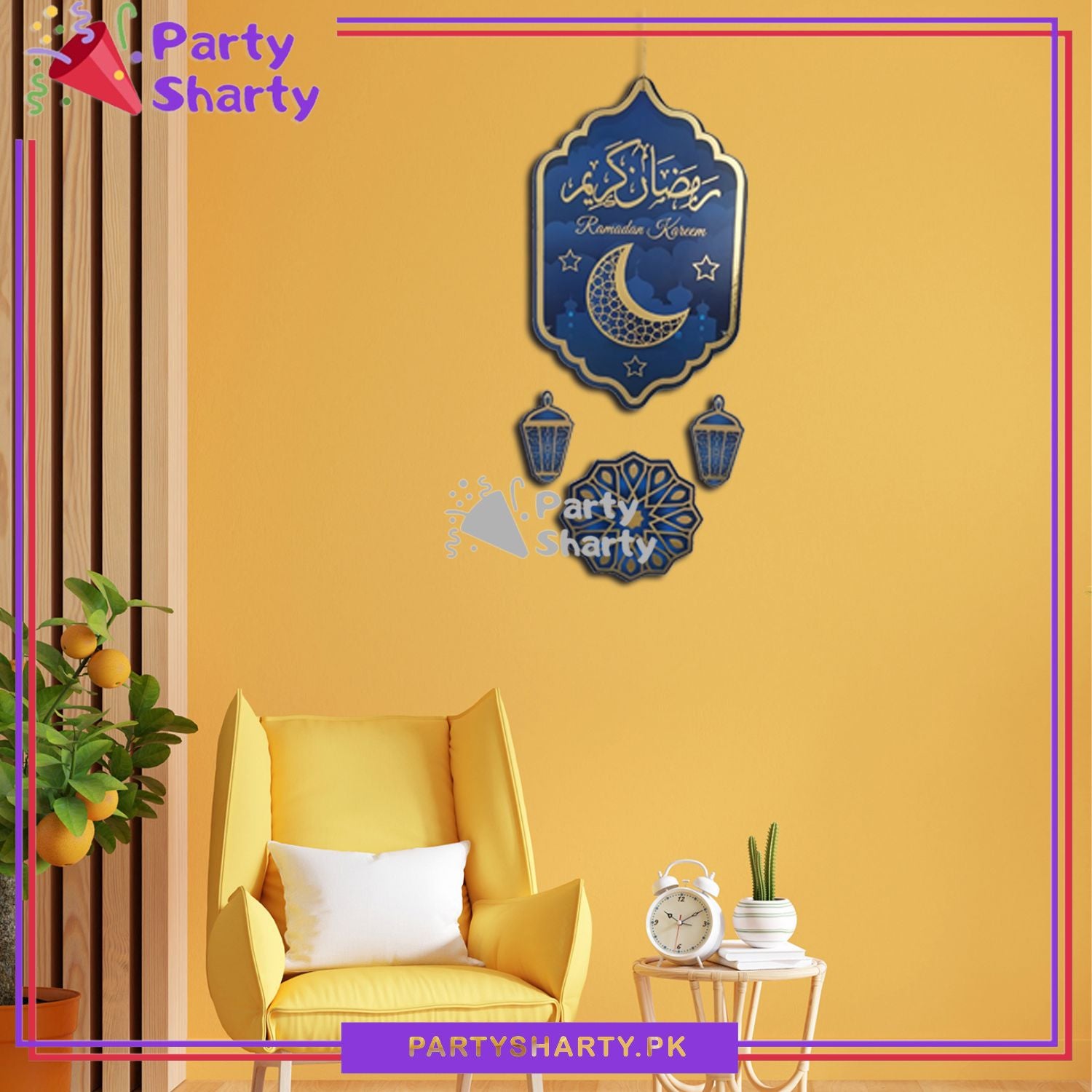 20inches Blue Ramadan Kareem with Lantern Cardboard Cutout, Crescent Moon & Star Printed Hanging For Ramadan Kareem Wall Decoration