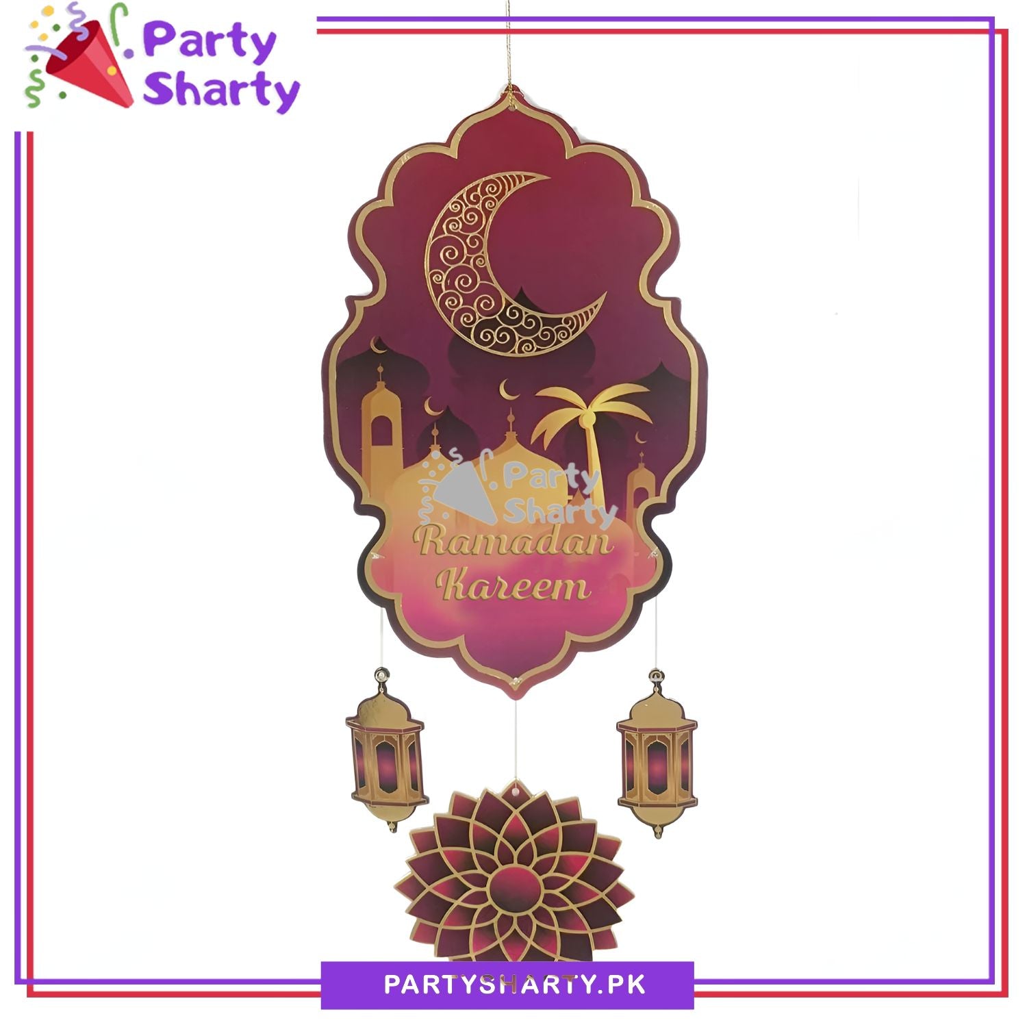 20inches Dark Pink Ramadan Kareem with Lantern Cardboard Cutout, Crescent Moon Printed Hanging For Ramadan Kareem Wall Decoration