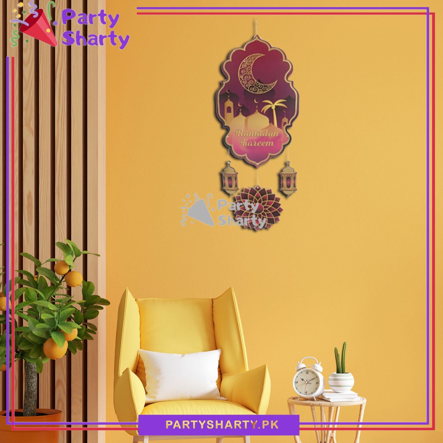 20inches Dark Pink Ramadan Kareem with Lantern Cardboard Cutout, Crescent Moon Printed Hanging For Ramadan Kareem Wall Decoration