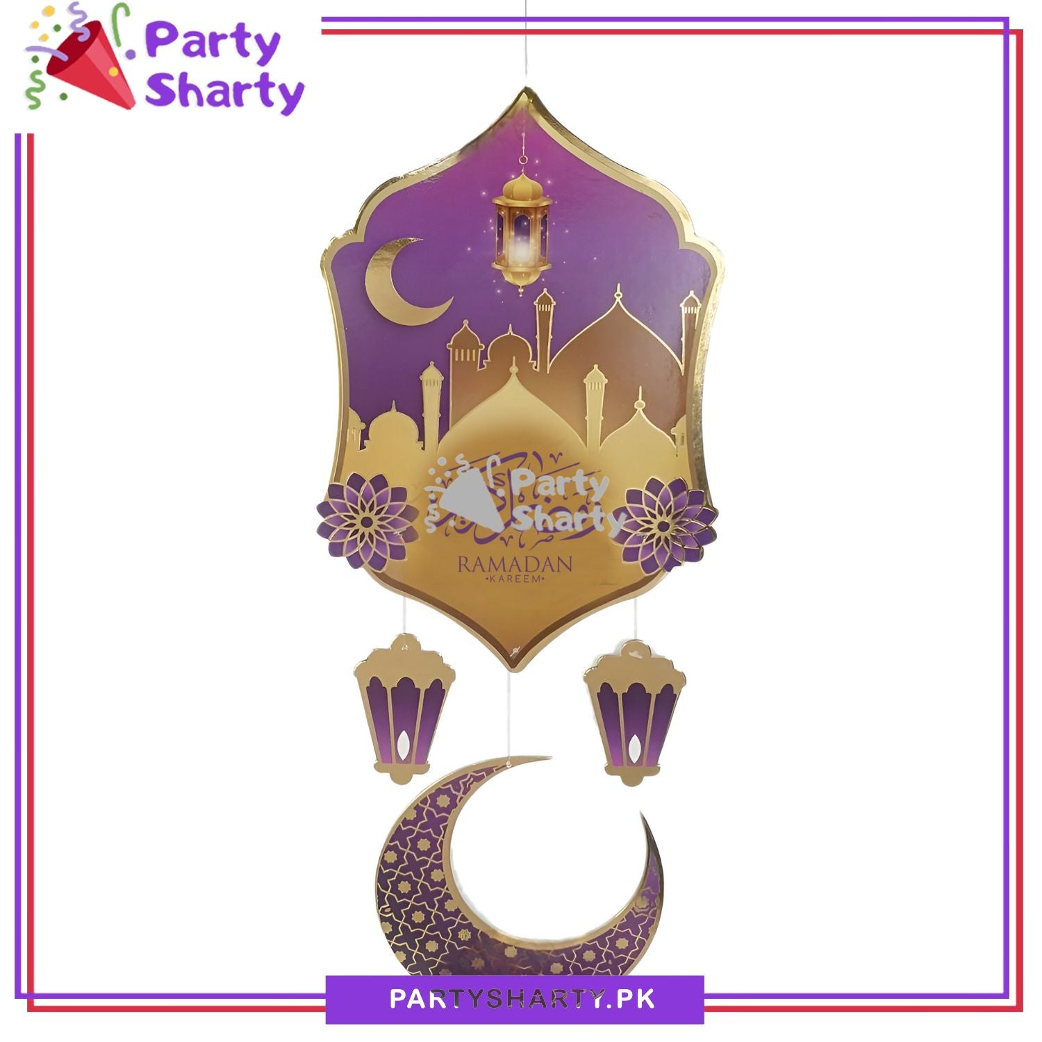 20inches Purple Ramadan Kareem with Lantern Cardboard Cutout, Crescent Moon Printed Hanging For Ramadan Kareem Wall Decoration