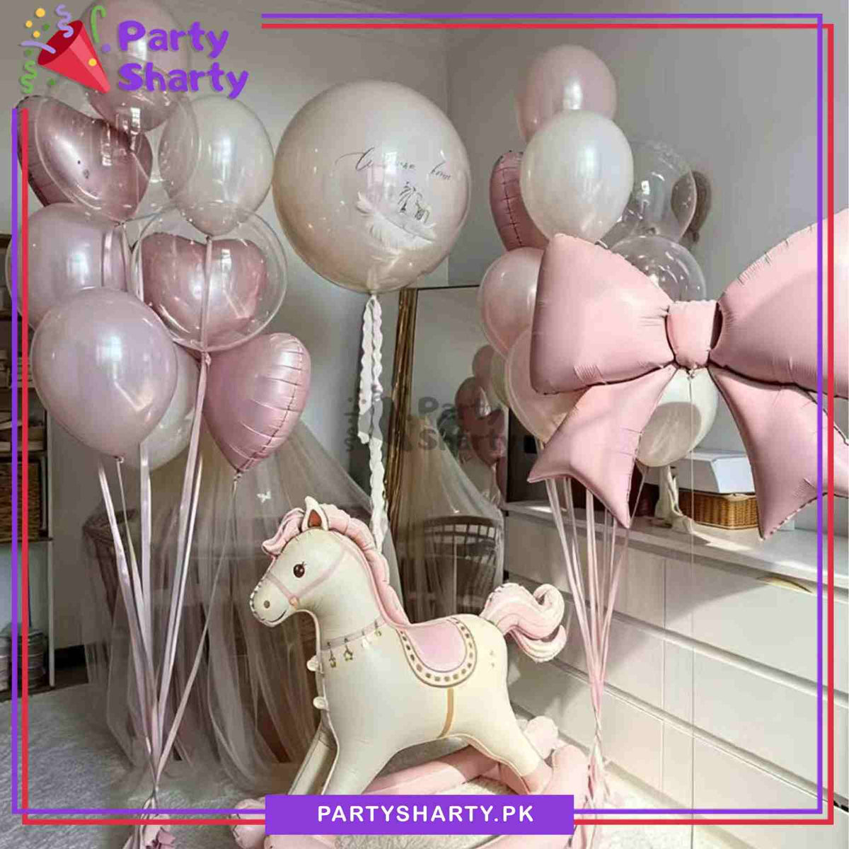 22pcs Pink Rocking Horse with Pink Bow Foil Balloons Set For Welcome Baby Celebration & Decoration