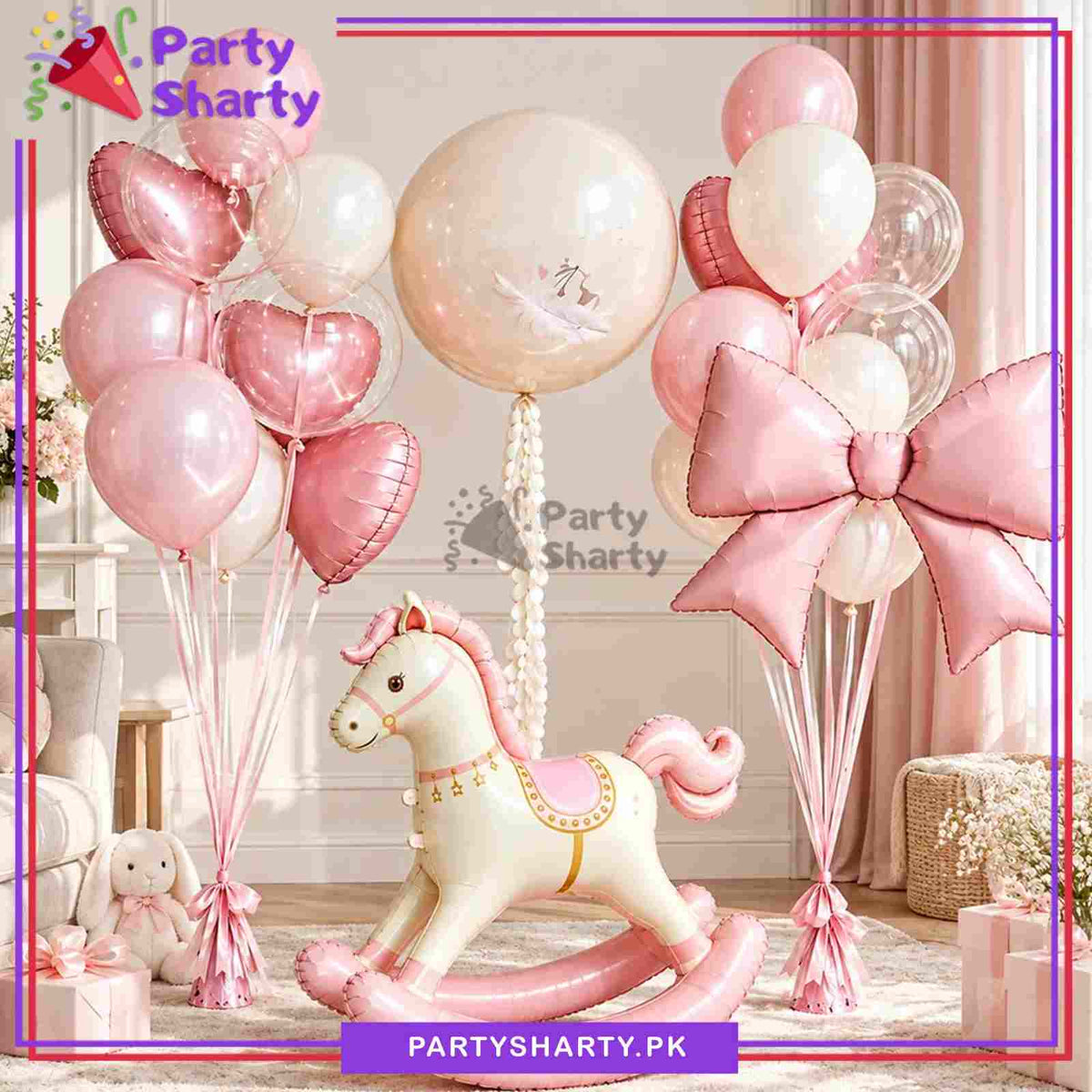 22pcs Pink Rocking Horse with Pink Bow Foil Balloons Set For Welcome Baby Celebration & Decoration