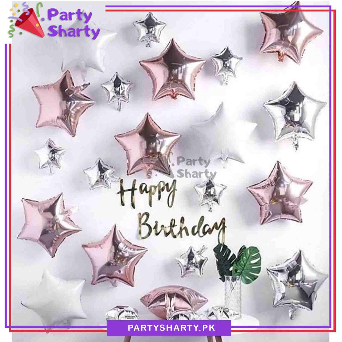 23pcs Happy Birthday Card Banner with Rose Gold & Silver Stars Foil Balloons Set