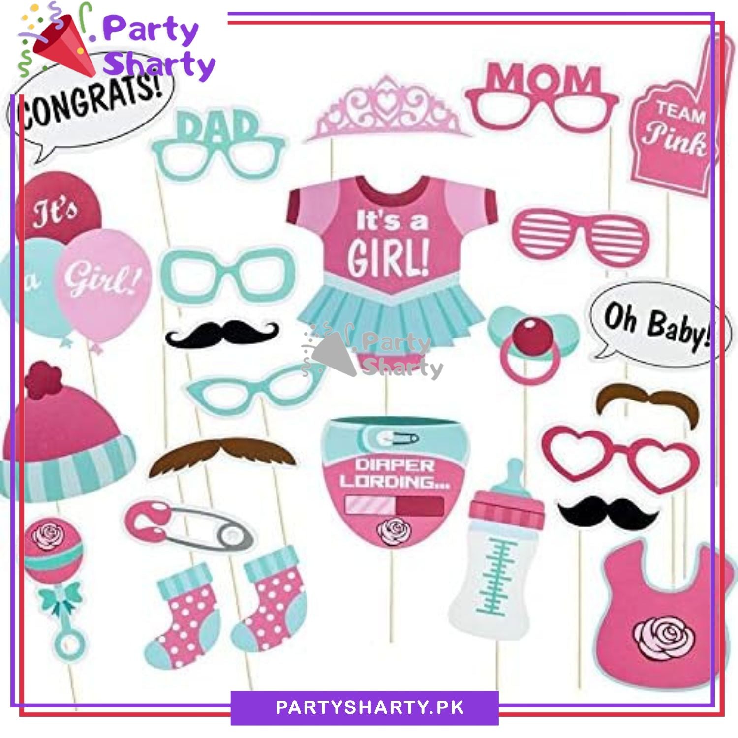 25pcs/Set It's a Girl Theme Photo Booth Props For Welcome Baby or Baby Shower Party Celebration and Decoration