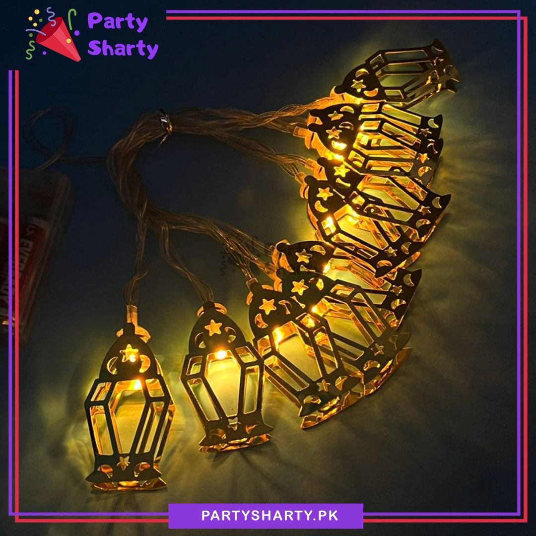 2AA Battery Operated Golden Stylish Lantern Shaped Metal LED String Lights For Ramadan / Eid Festival & Celebration